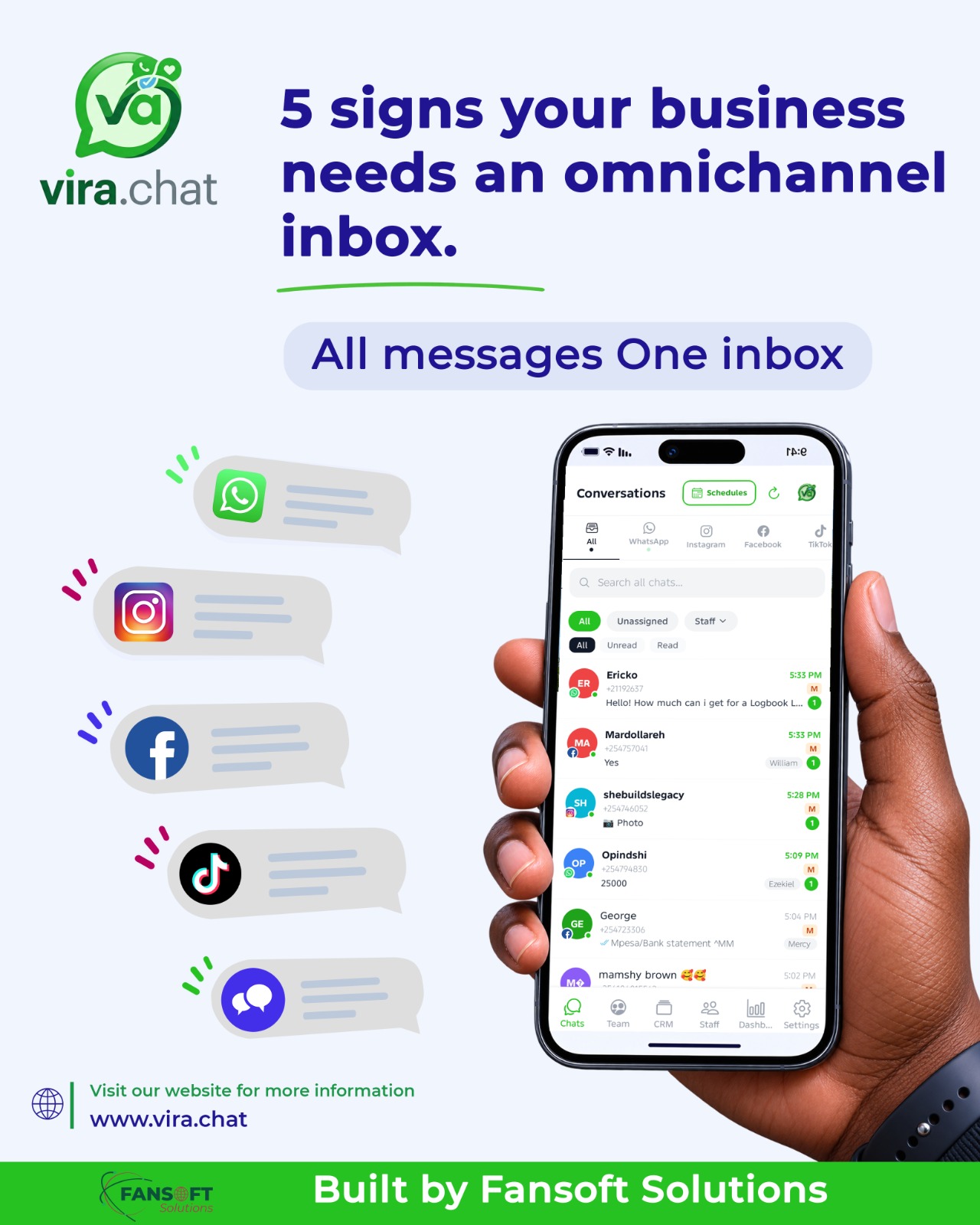 Vira.chat graphic: 'All messages, one inbox,' with WhatsApp, Instagram, Facebook, and TikTok messages flowing into the Vira.chat app on a phone screen.
