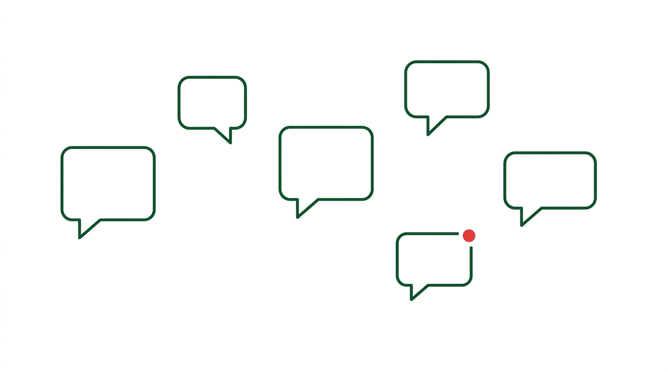 A minimalist flat vector illustration on a clean white background featuring five disconnected, outlined speech bubble icons in deep green (#105220). The speech bubbles are scattered loosely in varying sizes across a landscape frame, with one smaller bubble at the lower-right displaying a single red notification dot in its upper corner.
