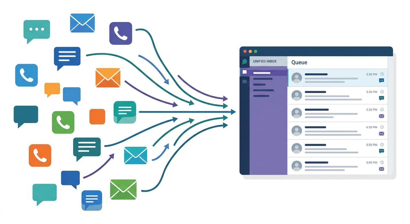 Illustration showing several separate chat-bubble icons merging into one unified inbox dashboard, in Fansoft's green, magenta, and white brand palette.