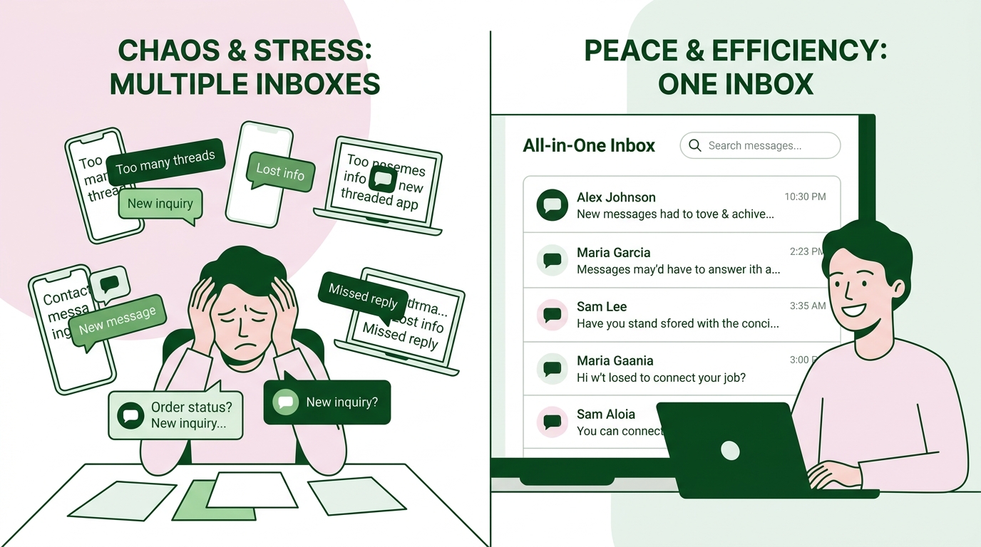 Before and after comparison showing scattered messaging apps versus a unified inbox in one screen.