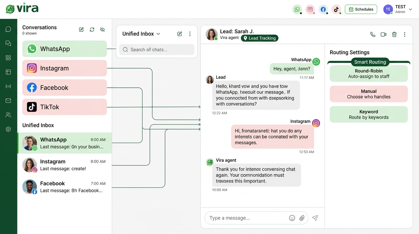 Unified inbox dashboard mockup showing WhatsApp, Instagram, and Facebook messages with smart routing and lead tracking