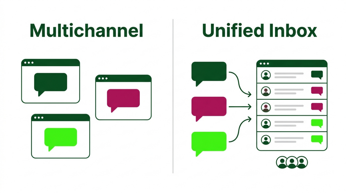 Comparison graphic: on the left, a multichannel setup with three separate chat windows standing apart; on the right, a unified inbox where the same three conversations flow into one shared team inbox.