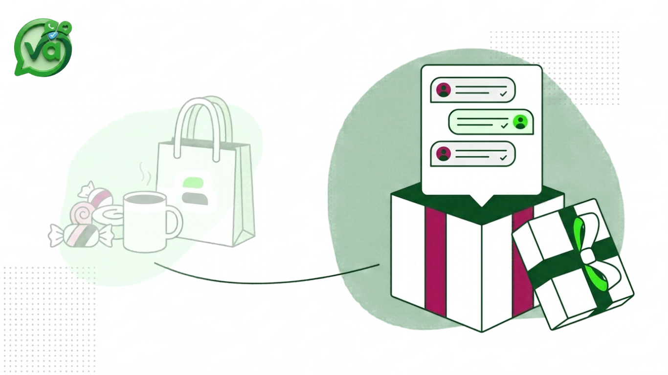 Gift box opening to reveal one inbox of organized chat bubbles: customer messaging that clients can use easily