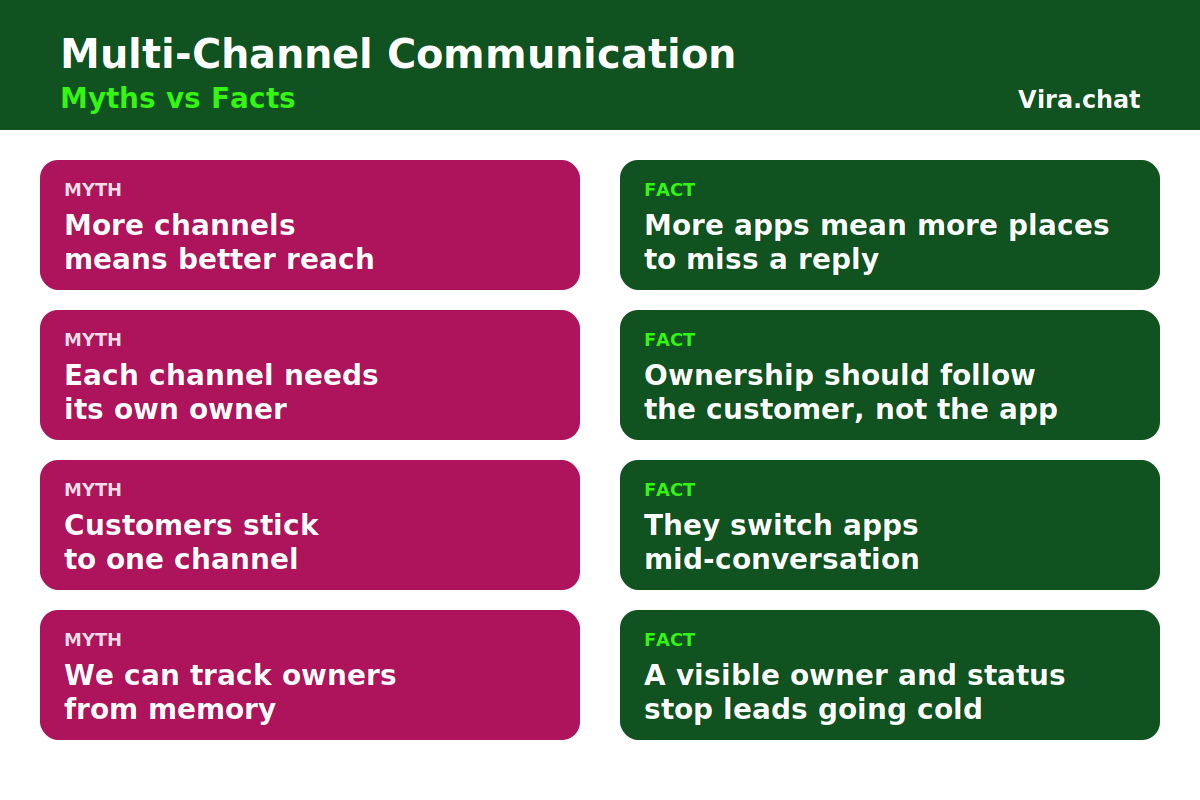 Four myths about multi-channel communication paired with the facts: more channels, separate owners, one-channel customers and tracking from memory. Vira.chat