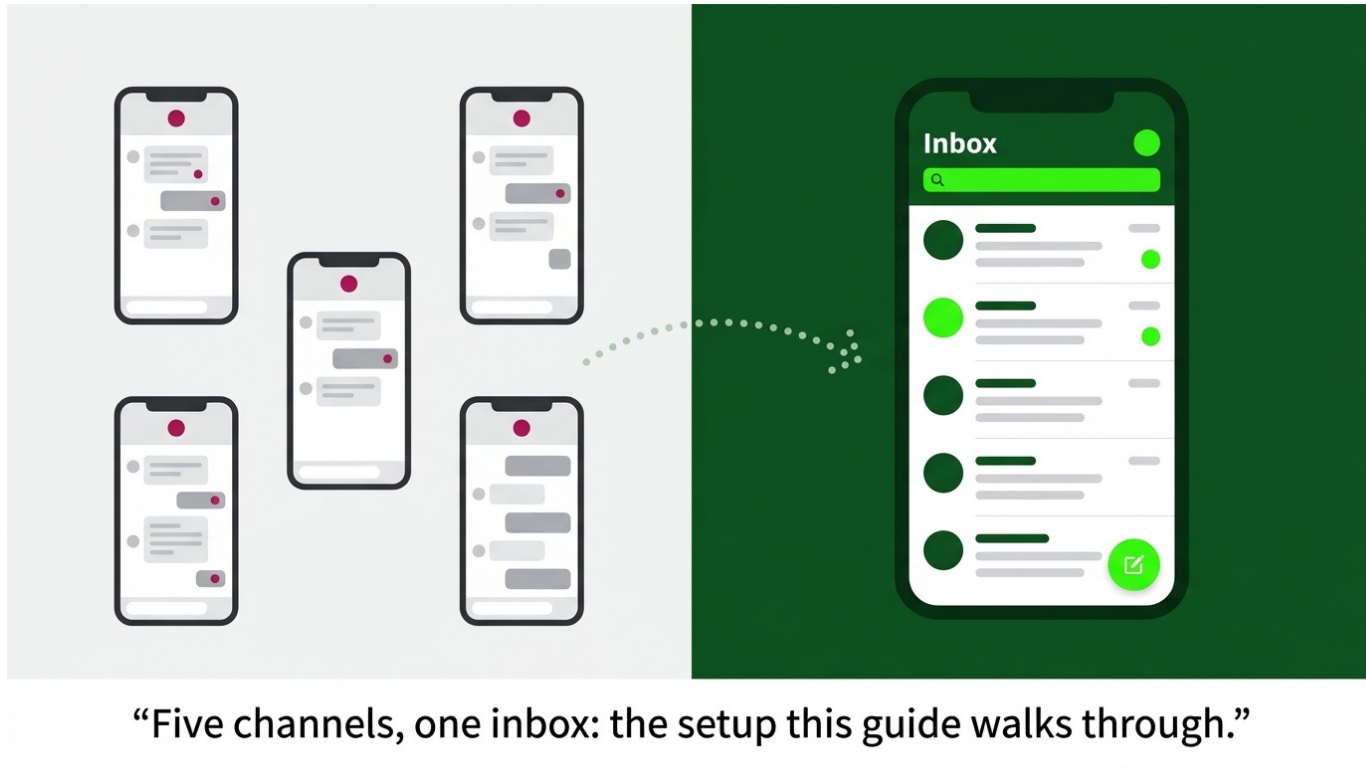 Five separate phone screens combining into one organized inbox.