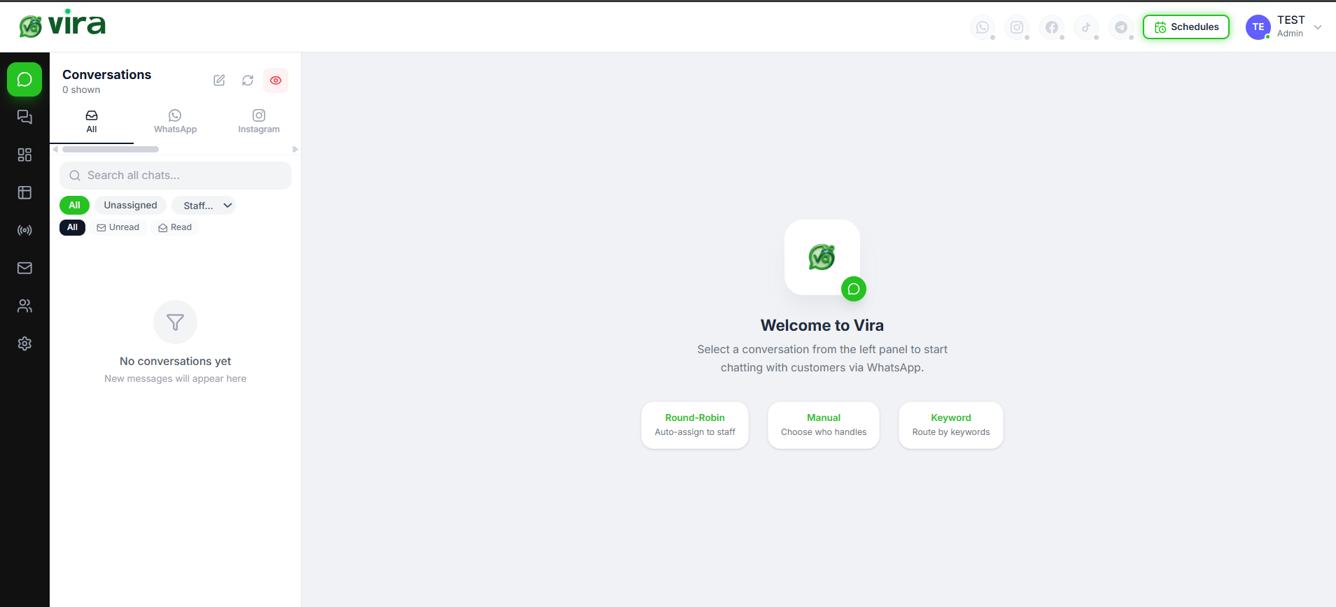 Vira screen for connecting WhatsApp Business