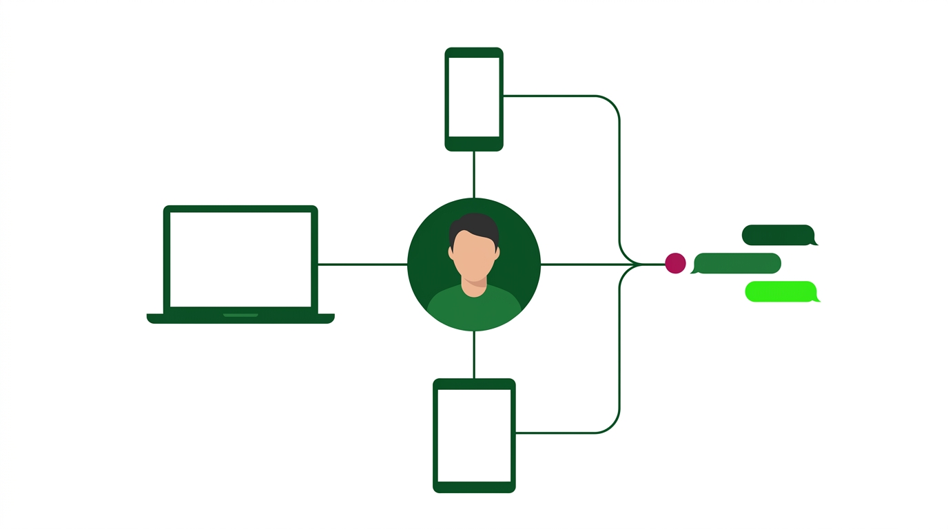 One customer connected to three devices, all feeding a single continuous conversation thread