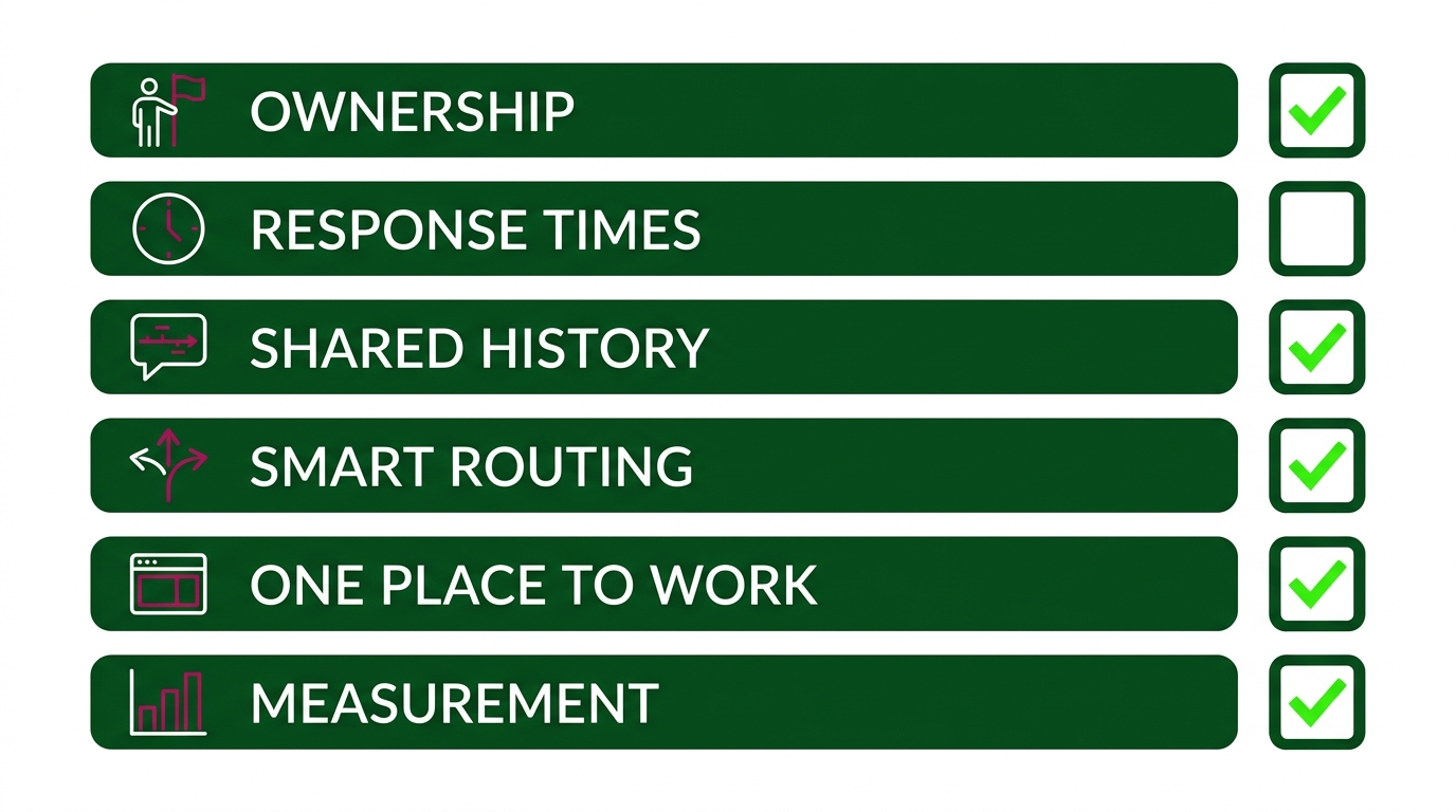 Six-item omnichannel support scorecard with icons for ownership, response times, shared history, routing, one inbox and measurement.